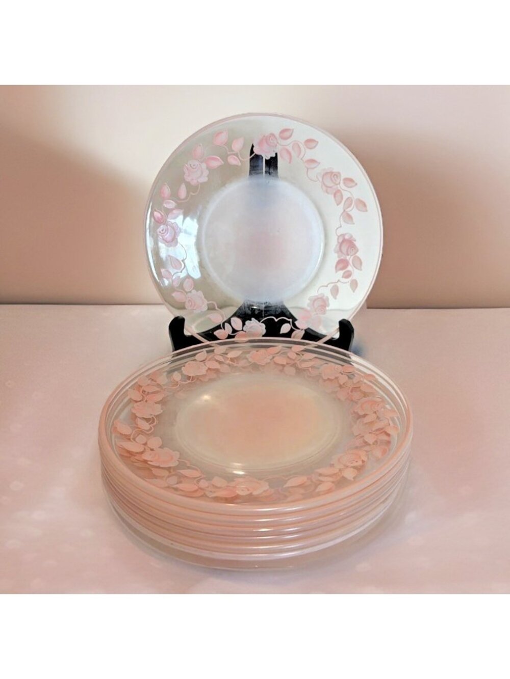 VTG 7 Dorothy Thorpe Pink Roses Frosted Dessert Luncheon Plates 8"  Hand Painted